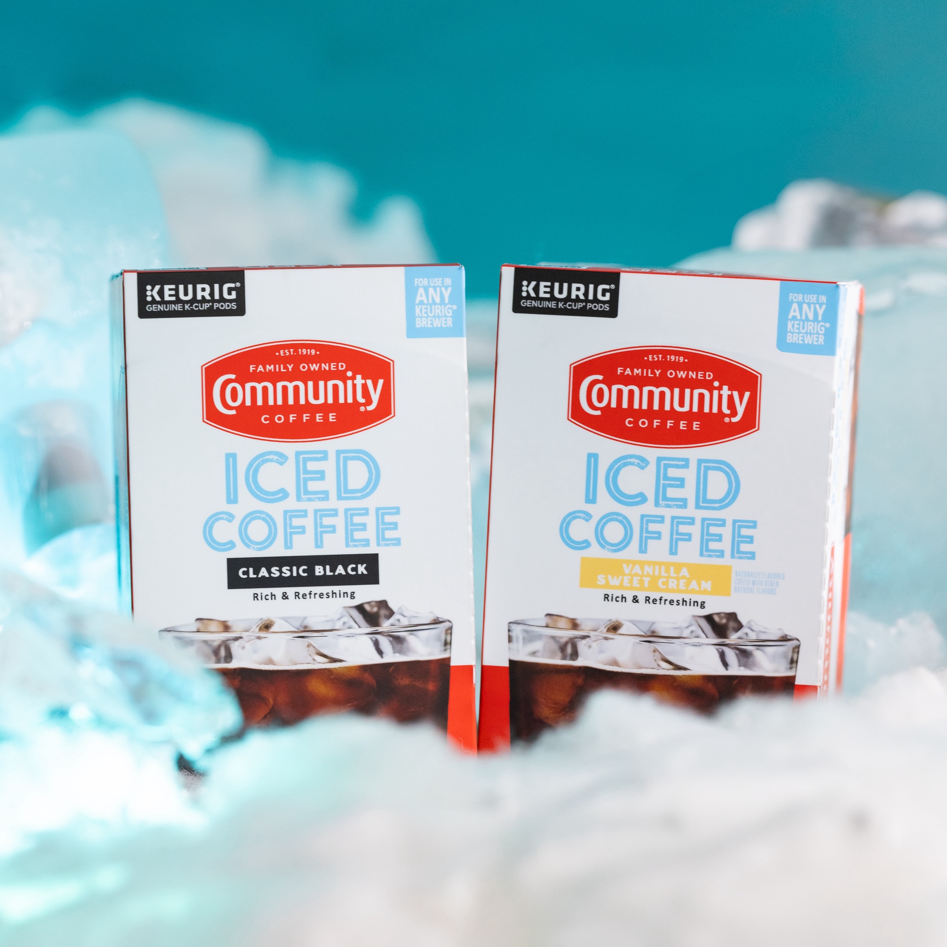 Community Coffee Iced Coffee K-Cup® Pods in an icy scene