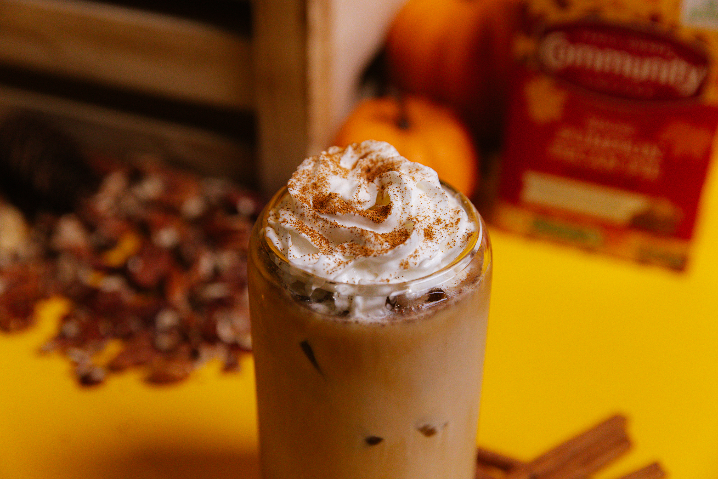 Iced Spiced Pumpkin Pecan Pie coffee with cinnamon milk