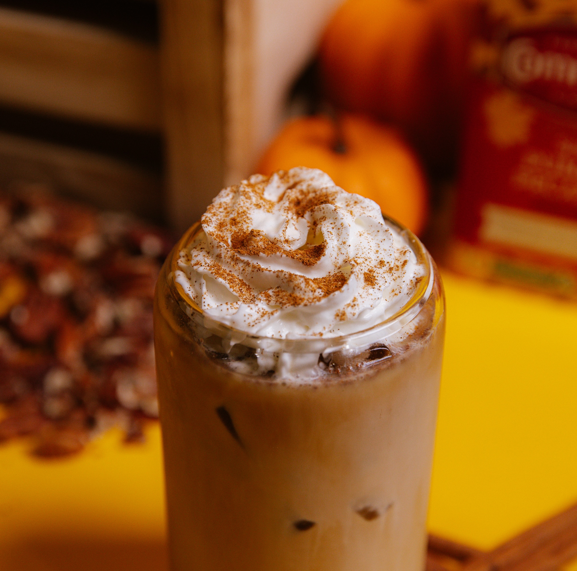 Iced Spiced Pumpkin Pecan Pie coffee with cinnamon milk